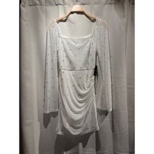 Lulus White Pearl Long Sleeve Ruched Mini Dress Square Neck Mesh XS New
